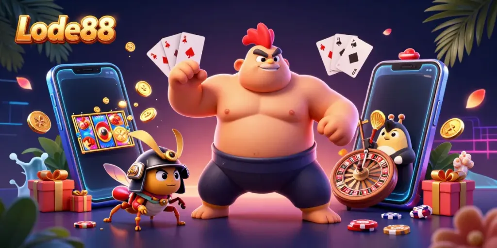 Experience Lode88's thrilling online casino environment with dynamic characters and vibrant gaming elements.