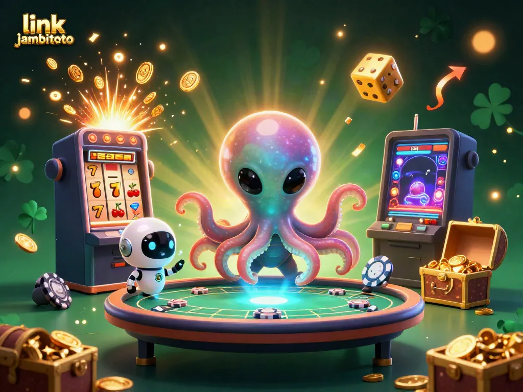 Experience thrilling gameplay with link jambitoto at a lively casino scene involving a vibrant alien octopus and poker elements.