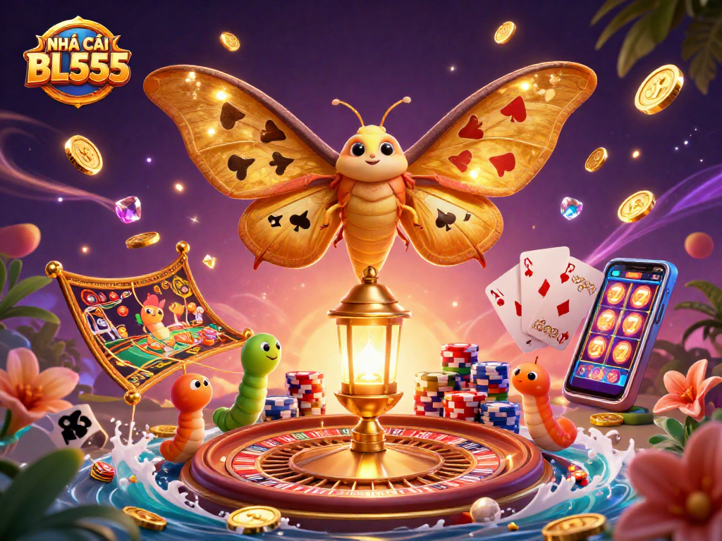 Experience NHÀ CÁI BL555 with vibrant casino scenes and dynamic 3D elements showcasing excitement.